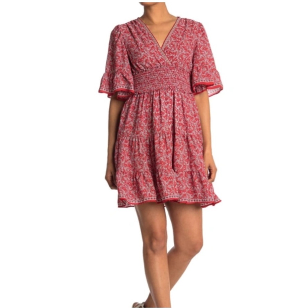 MAX STUDIO Floral Surplice Neck Ruffled Red Ivory Dress Size XL - Picture 2 of 12